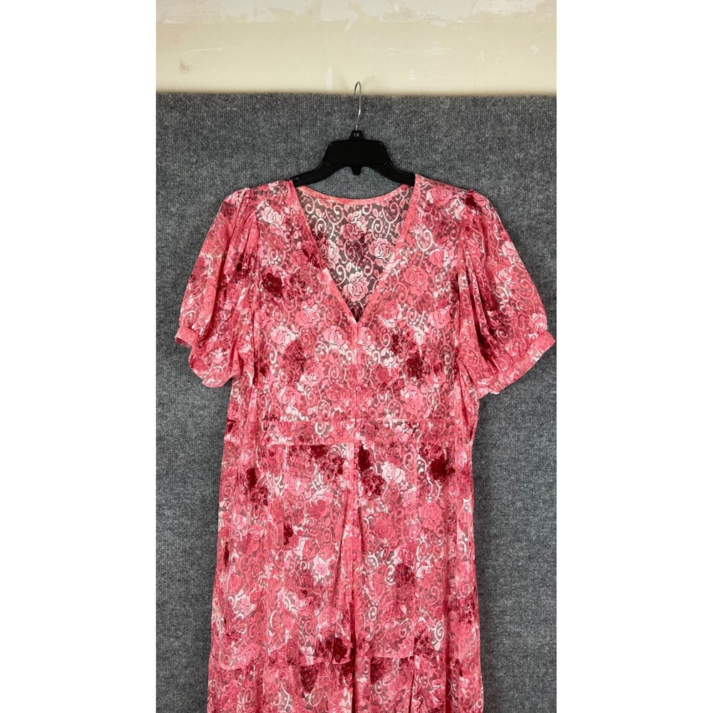 Chico's Floral Lace Maxi Dress Women's 1X Pink Excellent Tiered Puff Sleeve - Picture 2 of 10